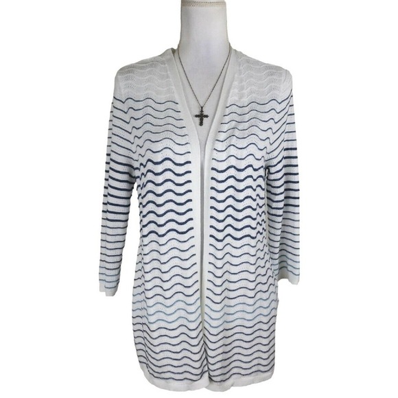 Chico's ~Woman 1 (M)~ White/Blue Striped Open Front Cardigan Sweater 3/4 Sleeve - Picture 1 of 16